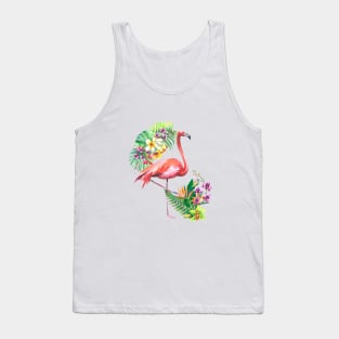 Pink Flamingo and Tropical Flowers Watercolor Art Tank Top